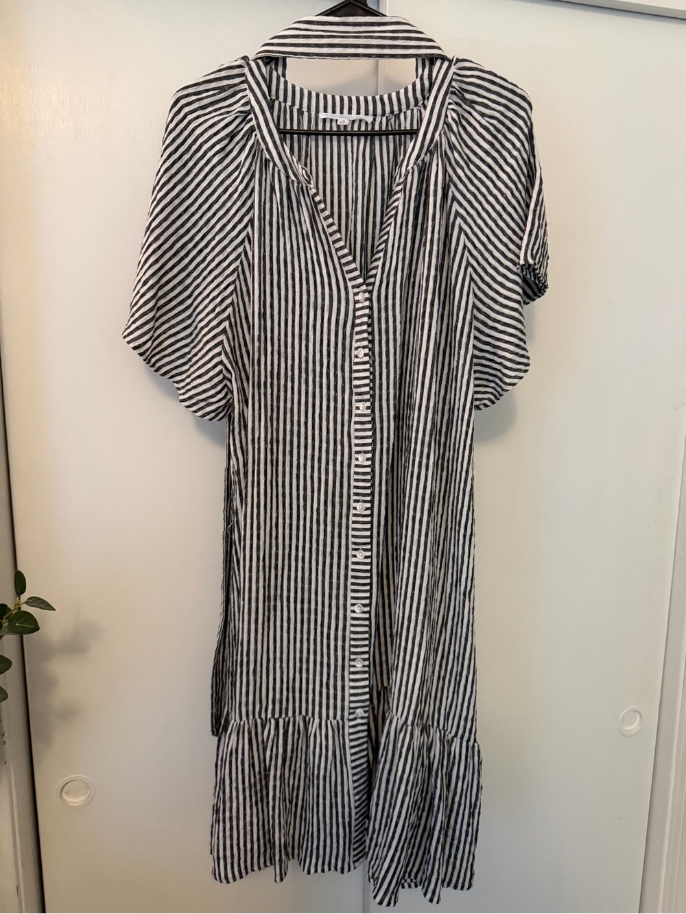 Striped Black and White Button-Front Midi Dress tie waist